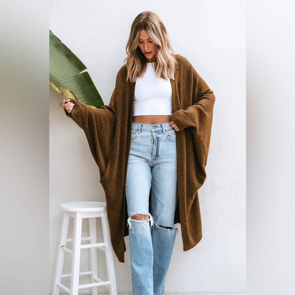 Cupshe Tan Open Front Dolman Sleeve Duster Cardigan - Medium